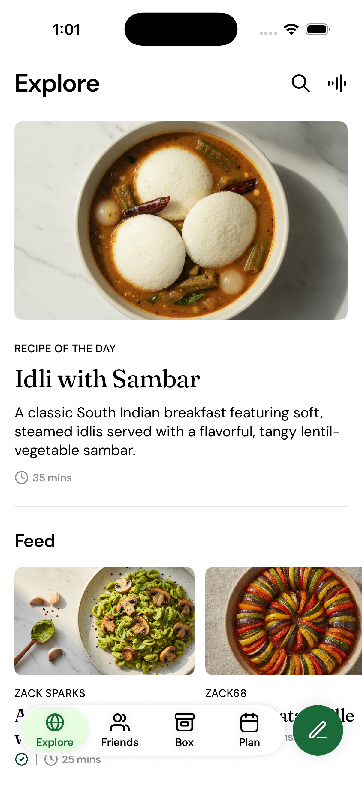 Expo app — Explore screen showing recipe feed